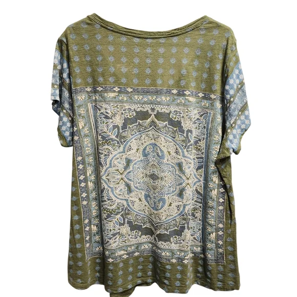 2XL Green white BANDANA print top LUCKY brand Western Print cotton Blend T Shirt - Picture 2 of 9